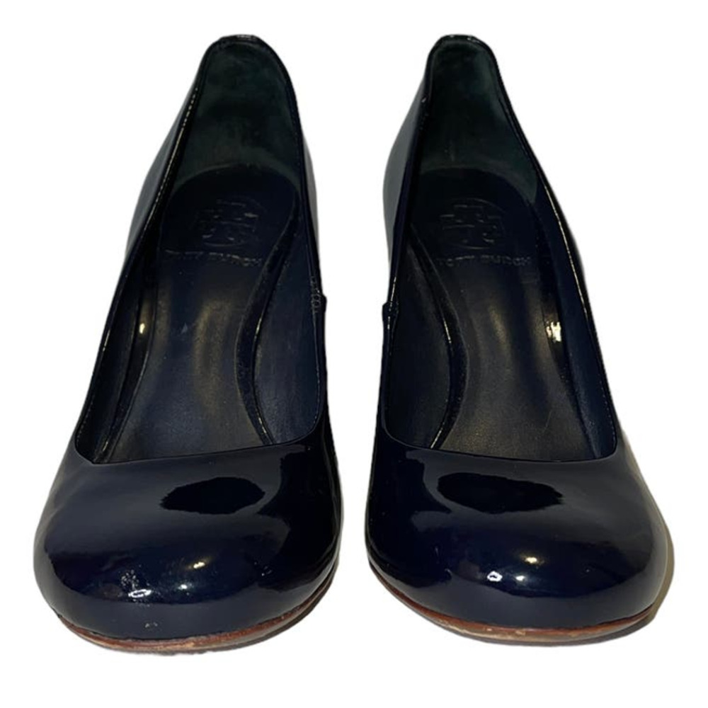 Tory Burch Dark Midnight Blue Round Toe Patent Leather Wedge Heel Size 6.5 - Picture 3 of 12
